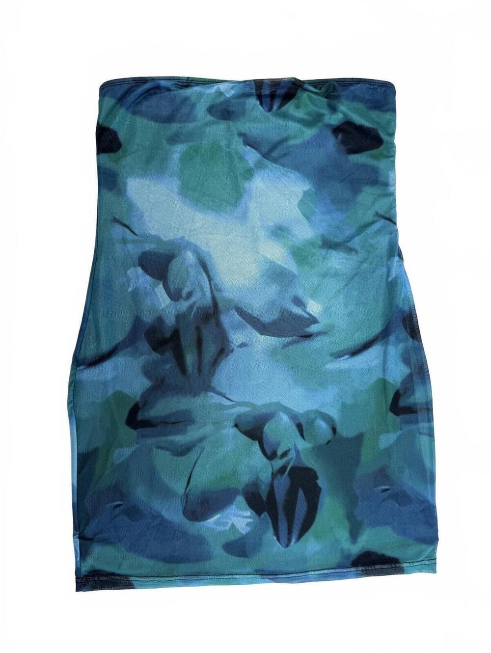 HEIN Mesh Abstract Print Bodycon Mini Dress Blue Green Y2K Sleeveless Size S
